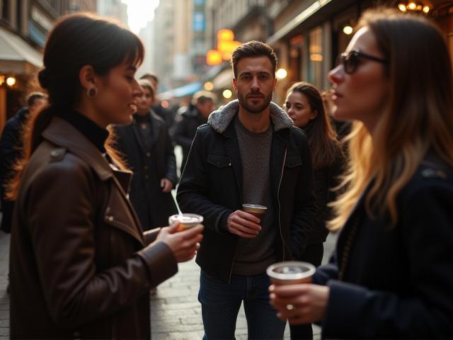 Commercial lifestyle photo in an urban setting featuring people interacting